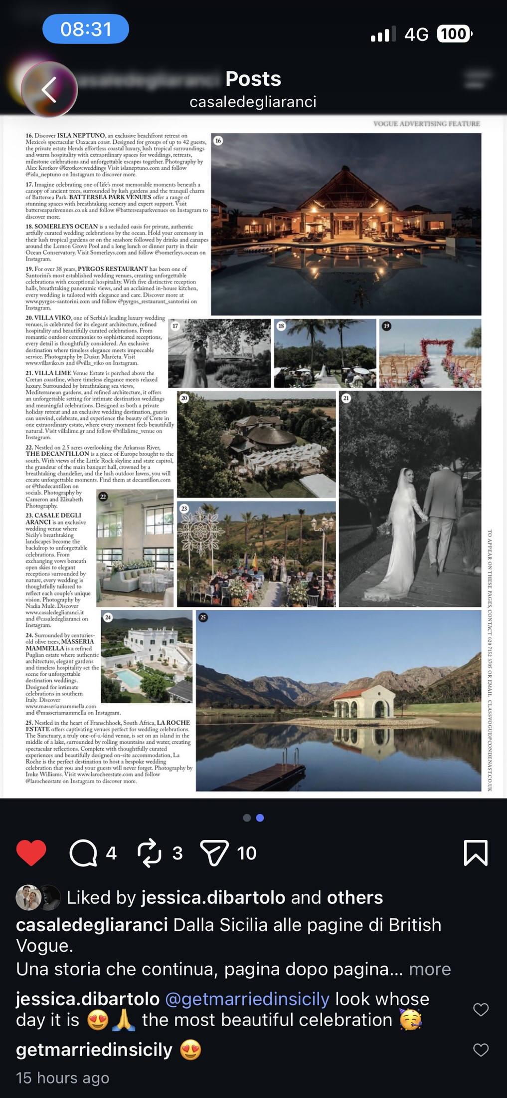 Una pagina pubblicitaria di British Vogue che presenta Casale degli Aranci come esclusiva location per matrimoni in Sicilia, dove i paesaggi dell'isola diventano lo sfondo delle celebrazioni